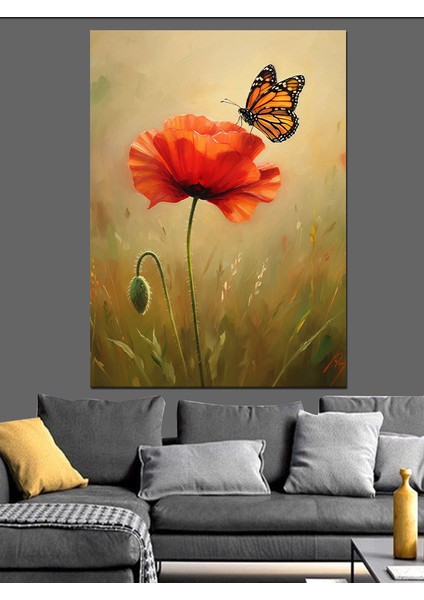 Kırmızı Gelincik Uçan Kelebek Dekoratif Kanvas - Mdf Ahşap Tablo fiyatları
