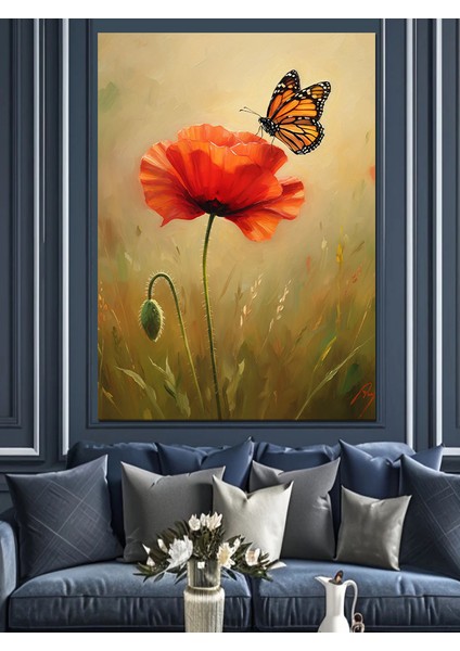 Kırmızı Gelincik Uçan Kelebek Dekoratif Kanvas - Mdf Ahşap Tablo modelleri