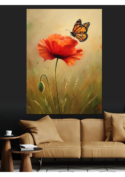 Kırmızı Gelincik Uçan Kelebek Dekoratif Kanvas - Mdf Ahşap Tablo fırsatları