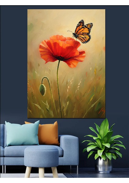 Kırmızı Gelincik Uçan Kelebek Dekoratif Kanvas - Mdf Ahşap Tablo indirimleri