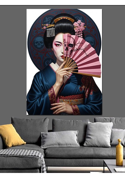 Yelpazeli Japon Kadın Şapka Retro Dekoratif Kanvas - Mdf Ahşap Tablo