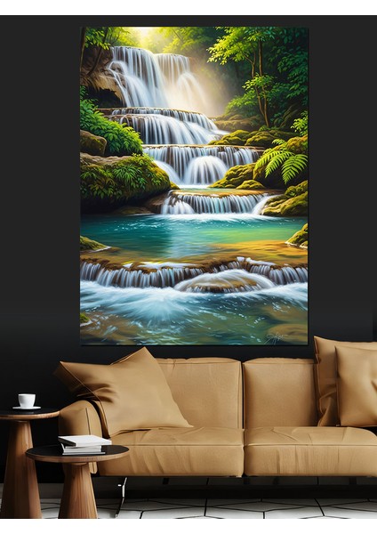 Şelale Orman Manzarası Su Dekoratif Kanvas - Mdf Ahşap Tablo