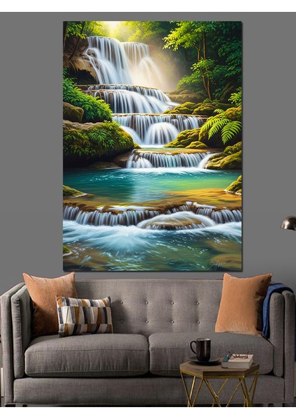 Şelale Orman Manzarası Su Dekoratif Kanvas - Mdf Ahşap Tablo fırsatları