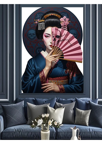 Yelpazeli Japon Kadın Şapka Retro Dekoratif Kanvas - Mdf Ahşap Tablo fiyatları