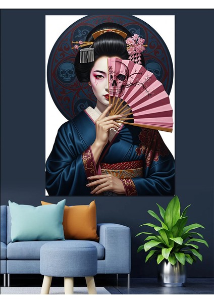 Yelpazeli Japon Kadın Şapka Retro Dekoratif Kanvas - Mdf Ahşap Tablo fırsatları