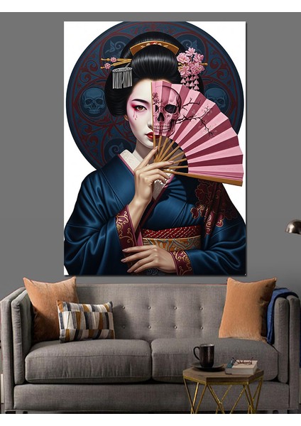 Yelpazeli Japon Kadın Şapka Retro Dekoratif Kanvas - Mdf Ahşap Tablo indirimleri