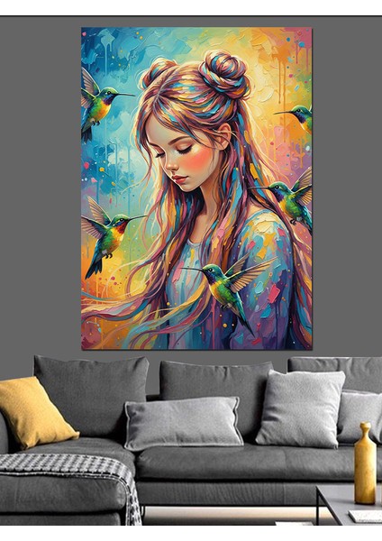 Pastel Renkli Oturan Kadın ve Arı Kuşları Dekoratif Kanvas - Mdf Ahşap Tablo