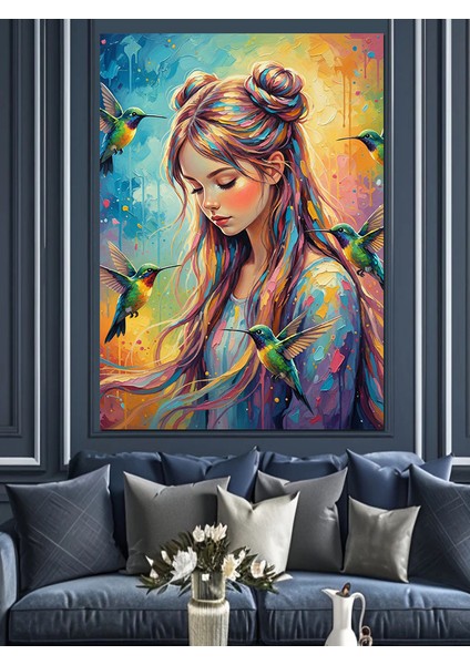 Pastel Renkli Oturan Kadın ve Arı Kuşları Dekoratif Kanvas - Mdf Ahşap Tablo indirimleri