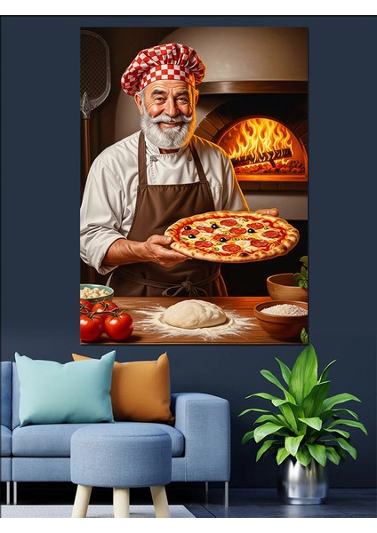 Yaşlı Adam Pizza Pişiriyor Dekoratif Kanvas - Mdf Ahşap Tablo