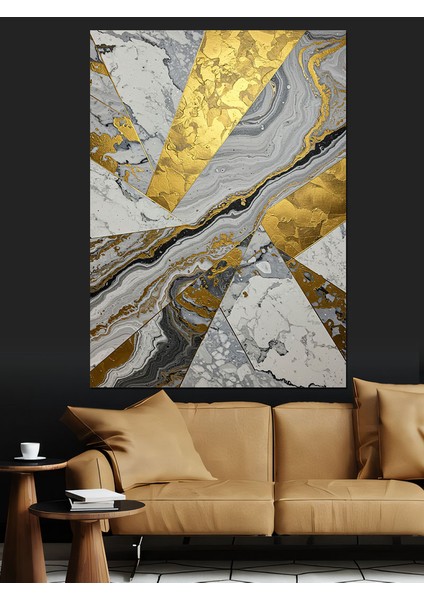 Mermer Altın Damarlı Soyut Dekoratif Kanvas - Mdf Ahşap Tablo