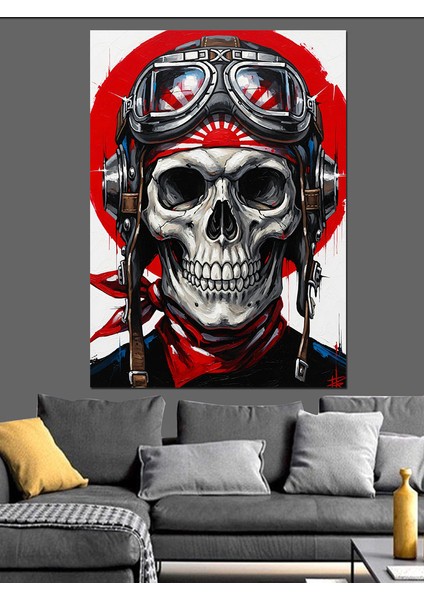 Kasklı Iskelet Kırmızı Gözler Dekoratif Kanvas - Mdf Ahşap Tablo
