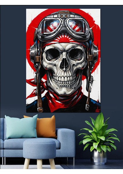 Kasklı Iskelet Kırmızı Gözler Dekoratif Kanvas - Mdf Ahşap Tablo fırsatları