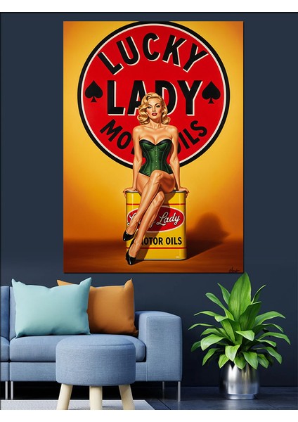 Lucky Lady Retro Pin-Up Dekoratif Kanvas - Mdf Ahşap Tablo