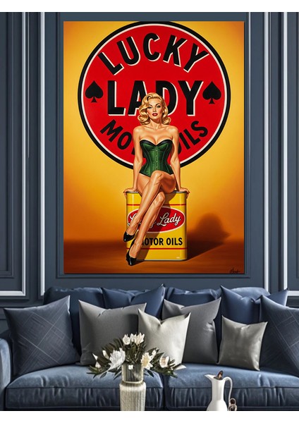 Lucky Lady Retro Pin-Up Dekoratif Kanvas - Mdf Ahşap Tablo fırsatları