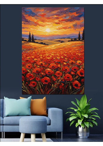 Kırmızı Gelincik Çiçek Tarlası Dekoratif Kanvas - Mdf Ahşap Tablo