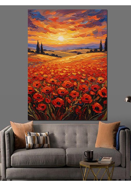 Kırmızı Gelincik Çiçek Tarlası Dekoratif Kanvas - Mdf Ahşap Tablo fiyatları
