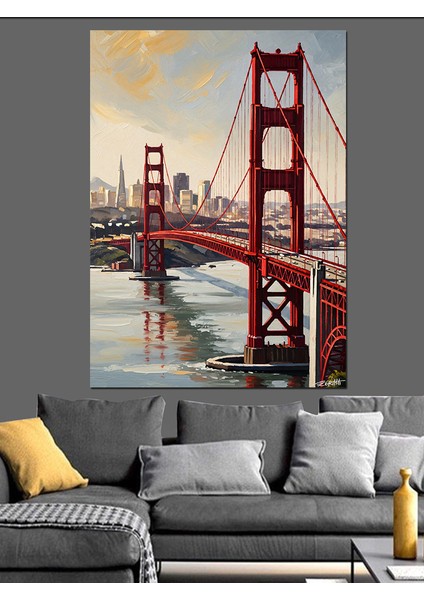 San Francisco Köprüsü Parlak Güneş Dekoratif Kanvas - Mdf Ahşap Tablo