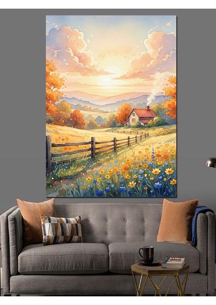 Kırsal Alanda Gün Batımı Dekoratif Kanvas - Mdf Ahşap Tablo
