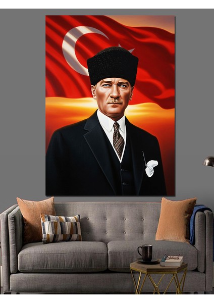 Atatürk Portresi Bayrak Kırmızı Dekoratif Kanvas - Mdf Ahşap Tablo