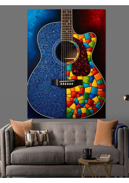 Gitar Mavi Mozaik Sanat Dekoratif Kanvas - Mdf Ahşap Tablo