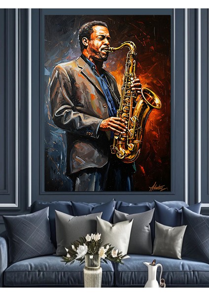Siyah Beyaz Saksafoncu Adam Dekoratif Kanvas - Mdf Ahşap Tablo