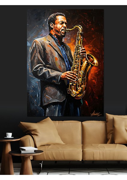 Siyah Beyaz Saksafoncu Adam Dekoratif Kanvas - Mdf Ahşap Tablo fiyatları