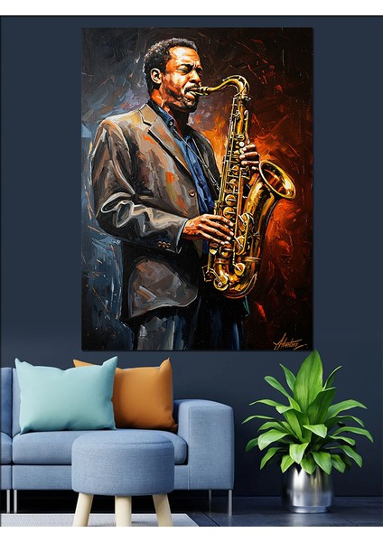 Siyah Beyaz Saksafoncu Adam Dekoratif Kanvas - Mdf Ahşap Tablo modelleri