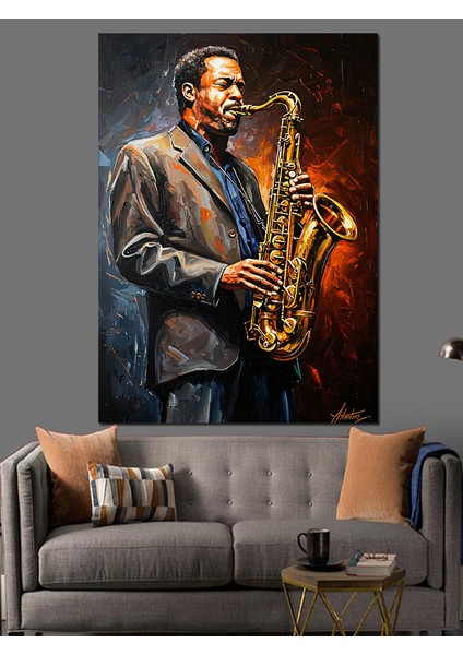 Siyah Beyaz Saksafoncu Adam Dekoratif Kanvas - Mdf Ahşap Tablo fırsatları