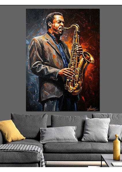 Siyah Beyaz Saksafoncu Adam Dekoratif Kanvas - Mdf Ahşap Tablo indirimleri