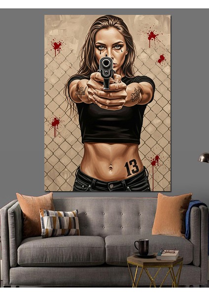 Silah Çeken Kadın Portresi Dekoratif Kanvas - Mdf Ahşap Tablo