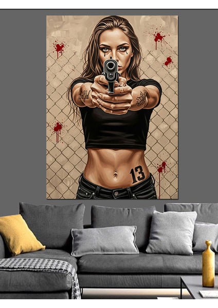 Silah Çeken Kadın Portresi Dekoratif Kanvas - Mdf Ahşap Tablo fiyatları