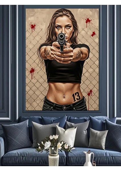 Silah Çeken Kadın Portresi Dekoratif Kanvas - Mdf Ahşap Tablo modelleri