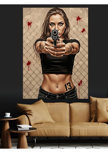 Silah Çeken Kadın Portresi Dekoratif Kanvas - Mdf Ahşap Tablo fırsatları