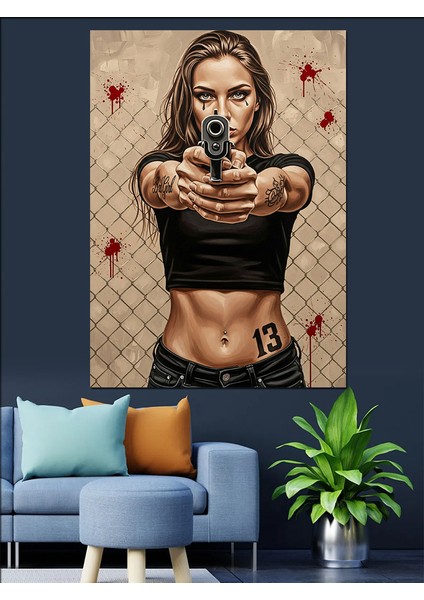 Silah Çeken Kadın Portresi Dekoratif Kanvas - Mdf Ahşap Tablo indirimleri