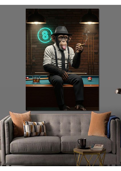 Bilardo Oynayan Şempanze Dekoratif Kanvas - Mdf Ahşap Tablo