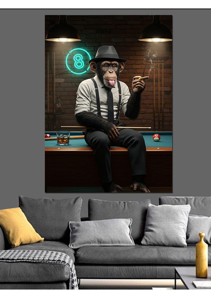 Bilardo Oynayan Şempanze Dekoratif Kanvas - Mdf Ahşap Tablo fiyatları