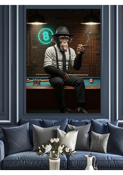 Bilardo Oynayan Şempanze Dekoratif Kanvas - Mdf Ahşap Tablo modelleri