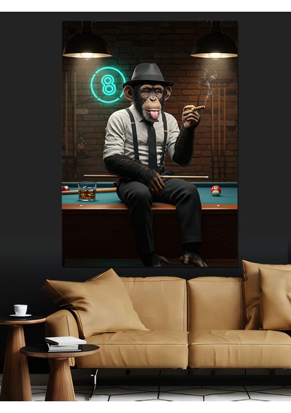 Bilardo Oynayan Şempanze Dekoratif Kanvas - Mdf Ahşap Tablo fırsatları