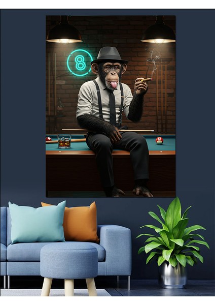 Bilardo Oynayan Şempanze Dekoratif Kanvas - Mdf Ahşap Tablo indirimleri