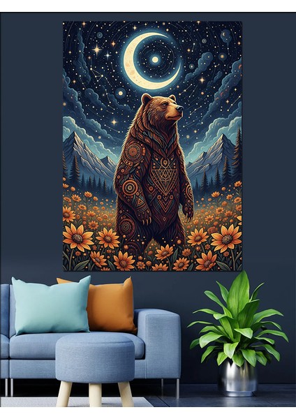 Ayı Ay Yıldız Gece Dekoratif Kanvas - Mdf Ahşap Tablo