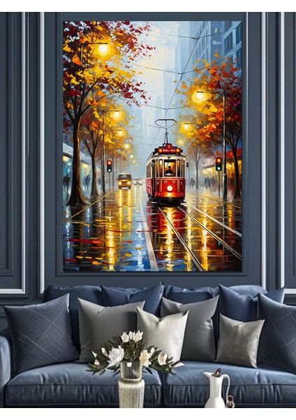 Sonbaharda Ağaçlı Sokak ve Tramvay Dekoratif Kanvas - Mdf Ahşap Tablo