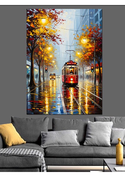 Sonbaharda Ağaçlı Sokak ve Tramvay Dekoratif Kanvas - Mdf Ahşap Tablo fiyatları