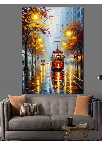 Sonbaharda Ağaçlı Sokak ve Tramvay Dekoratif Kanvas - Mdf Ahşap Tablo modelleri