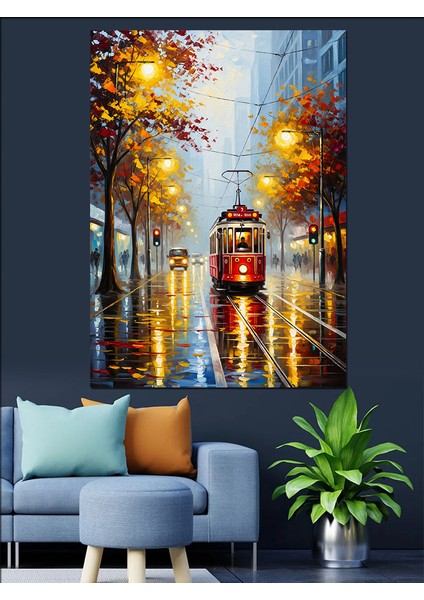 Sonbaharda Ağaçlı Sokak ve Tramvay Dekoratif Kanvas - Mdf Ahşap Tablo fırsatları