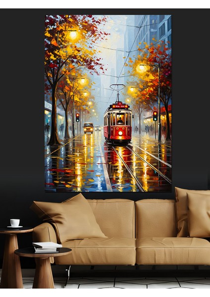 Sonbaharda Ağaçlı Sokak ve Tramvay Dekoratif Kanvas - Mdf Ahşap Tablo indirimleri