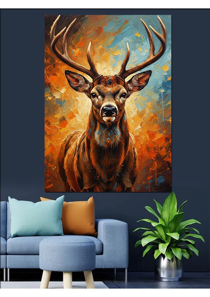 Geyik Baş Boynuzlu Portre Dekoratif Kanvas - Mdf Ahşap Tablo