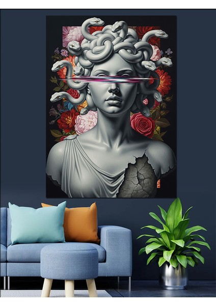 Yılan Başlı Medusa Heykel Kadın Çizimi Dekoratif Kanvas - Mdf Ahşap Tablo