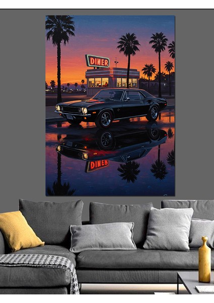 Palmiye Ağaçları Gece Şehir ve Araba Dekoratif Kanvas - Mdf Ahşap Tablo