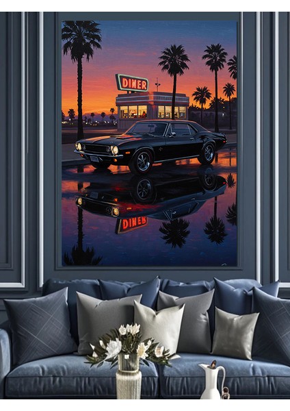 Palmiye Ağaçları Gece Şehir ve Araba Dekoratif Kanvas - Mdf Ahşap Tablo fiyatları