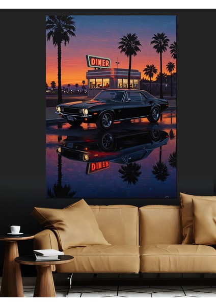 Palmiye Ağaçları Gece Şehir ve Araba Dekoratif Kanvas - Mdf Ahşap Tablo modelleri